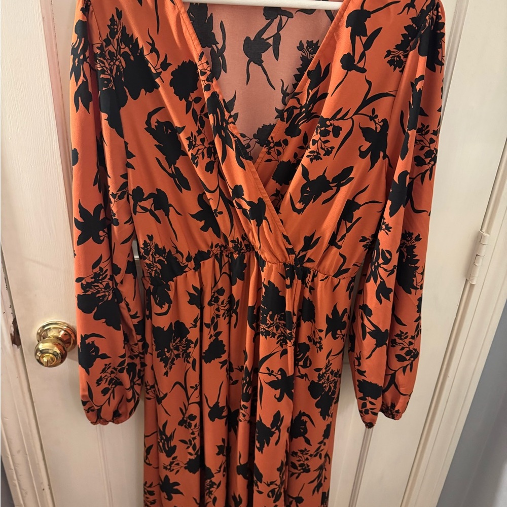 FALL STATEMENT DRESS! ORANGE & BLACK FLORAL MIDI -Capsule wardrobe staple